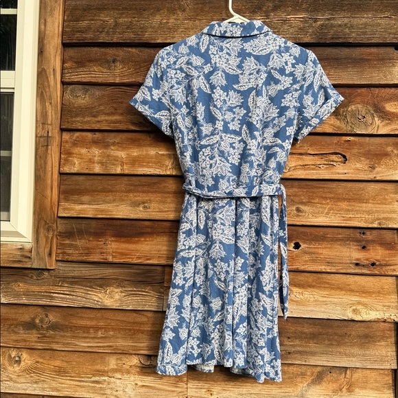 London Times Blue and White Leaf Print Mini Dress paisley belted linen blend - Picture 5 of 5
